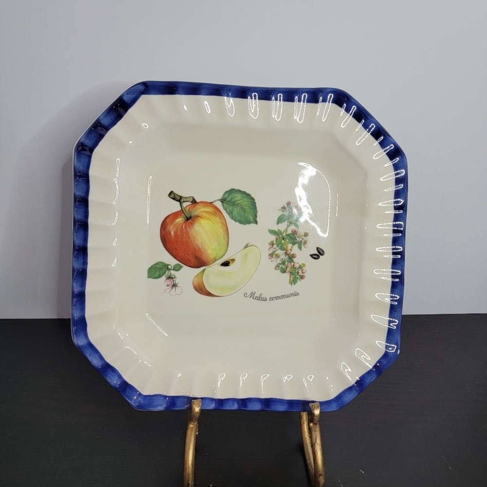 Ceramica Due Torri Blue Trim Vintage Ceramic Platter Apples flowers Seeds Italy